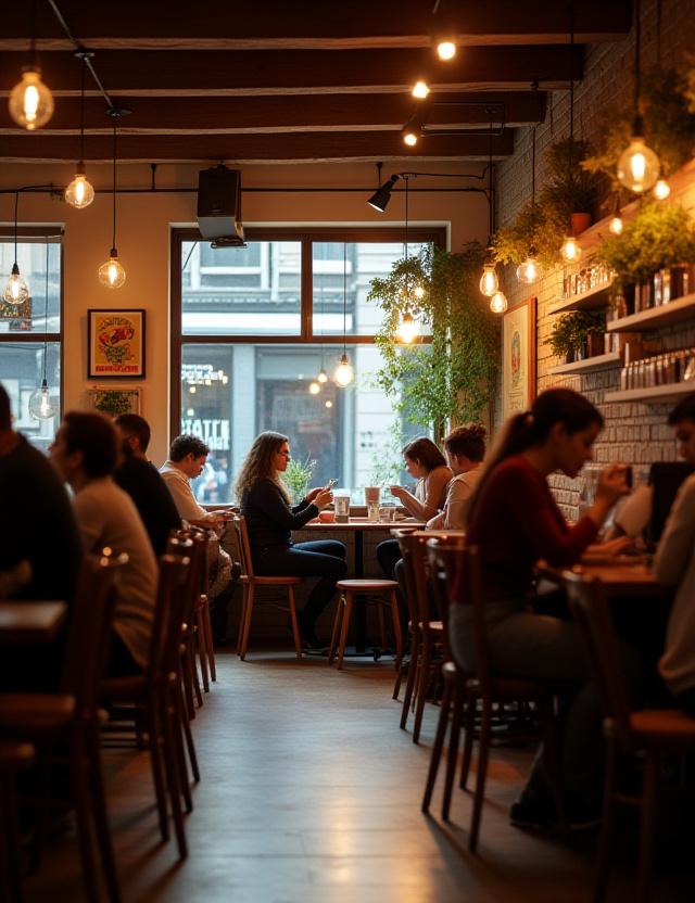 Ambiance chaleureuse à l'intérieur du café avec des clients détendus.