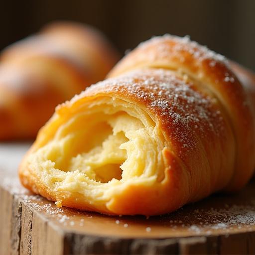 Gros plan appétissant sur un croissant feuilleté et doré sur une table en bois.